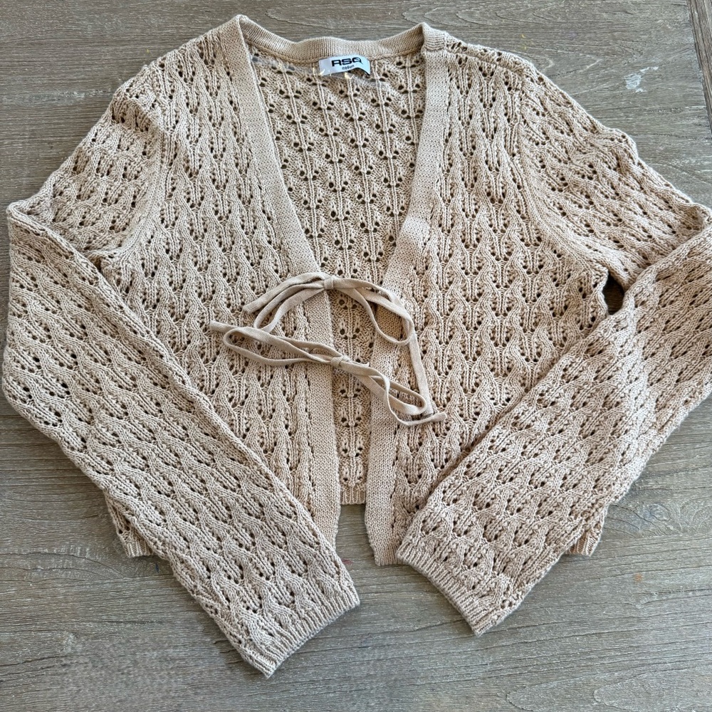 Girls Pointelle Tie-Front Tan Cardigan Sweater Sz Medium